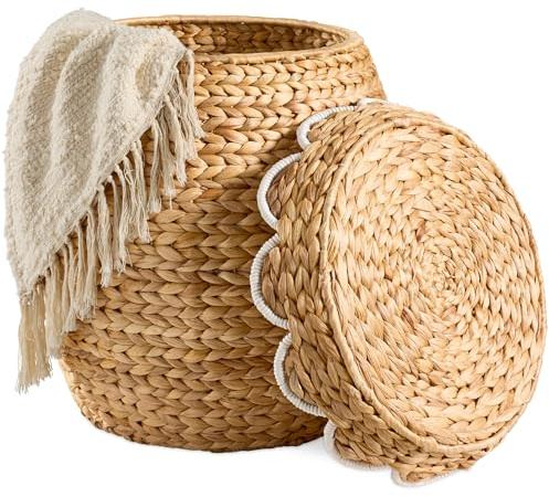 Best Choice Products Scalloped Multipurpose Hyacinth Storage Basket, Plant Décor, Handwoven Organizer Tote for Bedroom, Living Room, Nursey, w/Lid - Natural with White Trim
