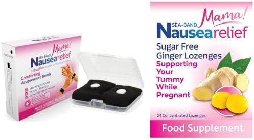 Sea-Band Mama! Motion Sickness, Nausea and Morning Sickness Relief, Ginger Lozenges and Acupressure Wristbands Bundle, (1 x Pack of 24 Ginger Lozenges and 1 x Pair of Adult Black)