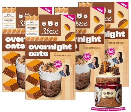 3Bears Overnight Oats Sallys Peanut Brownie 4x400g – Proteinquelle mit gerösteten Nüssen - veganes Frühstück ohne Industriezucker - schnelles Meal Prep – Kooperation mit Sallys Welt