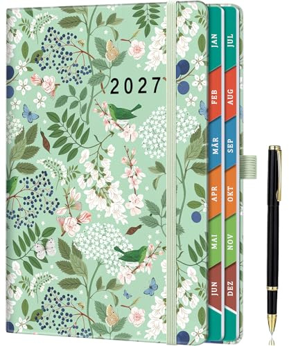 Terminplaner 2027 A5 (21,5 x 15 cm), 1 Tag pro Seite, Deutscher Tagesplaner Jan–Dez 2027, Farbige Monatsregister, Innentasche, Stiftschlaufe & Stift - Frühlingsgarten