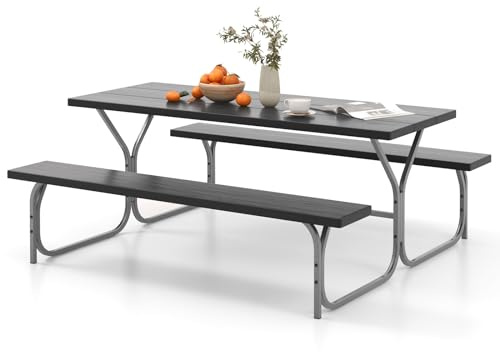 GIANTEX Gartenmöbel Picknicktisch Set 8 Personen, Bierzeltgarnitur Campingtisch mit 2 Bänken & Schirmloch, Bierbankgarnitur Outdoor Sitzgruppe, Biertischgarnitur wetterfest aus HDPE (Schwarz)