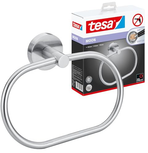 tesa Moon Handtuchring, Edelstahloptik - Handtuchhalter-Ring oval - zur Wandbefestigung ohne Bohren, inkl. Klebelösung - 185mm x 125mm x 50mm