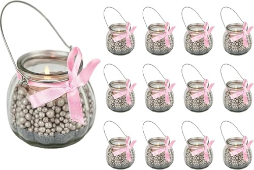 casavetro Teelichtgläser Set Kerzenhalter Glas (12 er Pack) Teelicht Kerzen Windlicht Hochzeit Party kleine Vase Tisch Deko-Licht inkl-Schleife