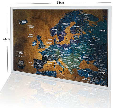 Pinnwand Europa Reisekarte + Bonus 100 Stecknadeln, Europa Reisekarte mit Rahmen, Personalisierte Karten mit Originellen Farben, hergestellt in der EU, 53x73 cm, Silver Frame