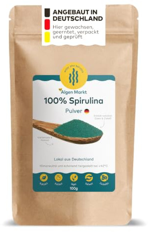 Deutsche Spirulina Algen PulverI Ökologische Vitalstoffe Rohkost, glutenfrei, vegane Ernährung voller Nährstoffe, Reines Naturprodukt aus deutschem Anbau, ohne Zusätze (100, Pulver)