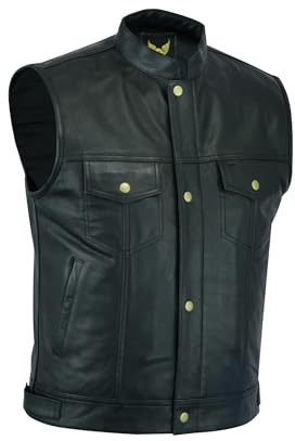 Leatherick SOA Chaleco de motociclista de cuero genuino para hombre, botones abiertos para montar y corte de moda estilo chaleco, con bolsillos profundos (FR/ES, Números, 52, Regular, Regular)