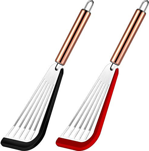 2 Pieces Slotted Spatula Flexible Stainless Steel Spatula with Silicone Top, Golden Handle (Black and Red)