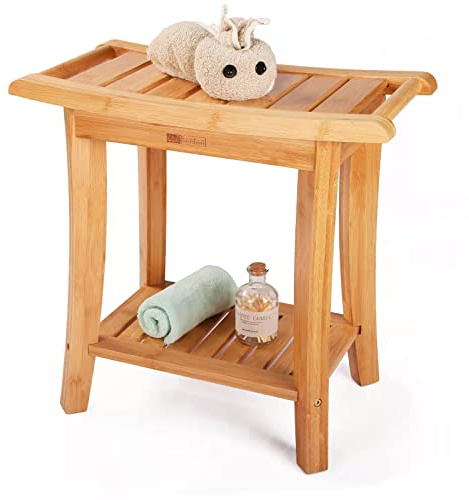 Unibambou Bamboo Shower Bench with Storage Shelf, Wooden Spa Bath Deluxe Organizer Shower Stool for Inside Shower, Bathroom Bench Seat for Adults Elderly Seniors for Indoor or Outdoor Use