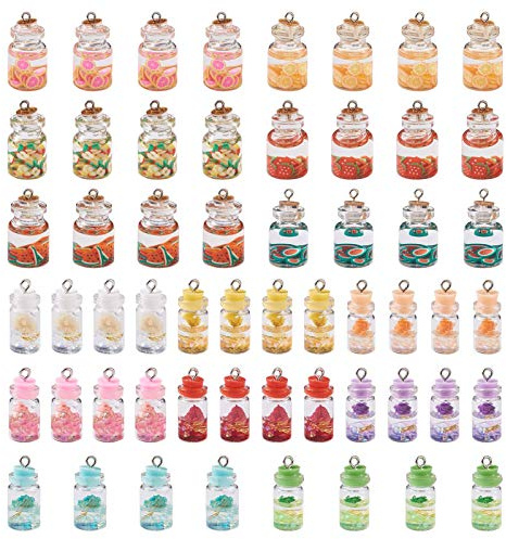 PandaHall, 56 ciondoli in resina a forma di bottiglia di vetro con tè alla frutta, 2 stili colorati diversi con fiori e frutta all'interno, accessori per cellulare, portachiavi e collane