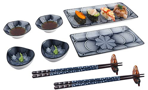 Artcome Juego de 10 platos de sushi de cerámica de estilo japonés para inauguración de la casa de boda, 2 platos de sushi, 2 platos de salsa, 2 soportes para palillos, azul oscuro