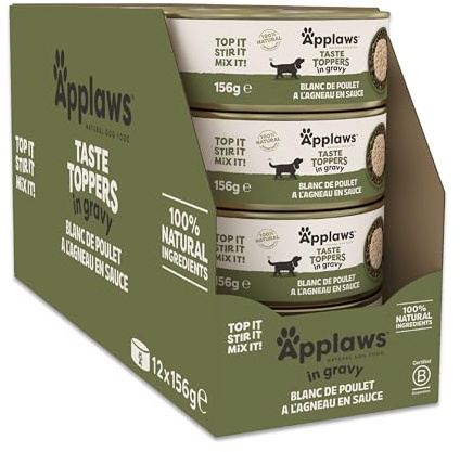 Applaws Premium naturligt våtfoder för hundar, spannmålsfri kyckling och lamm i sås 12 x 156 g burk