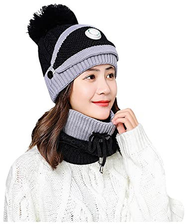LUNULE Damen Wintermütze Schick 3-in-1 Kapuzenschal mit Gesichtshaube Winter Verdicken Warme Strick-Mütze für Frauen Laufen Outdoor Radfahren Ski Joggen Wintermütze Damen Strick Winterhüte