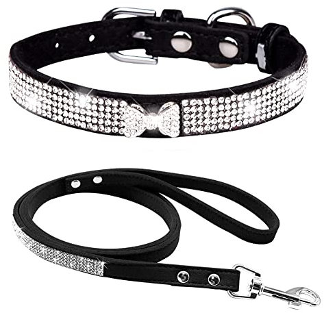 FUNAT Strass Hundehalsband + Leine, Kristall Schleife Hundehalsband, Strass Hundehalsband Leinen, niedlichen Hund Strass Halsband