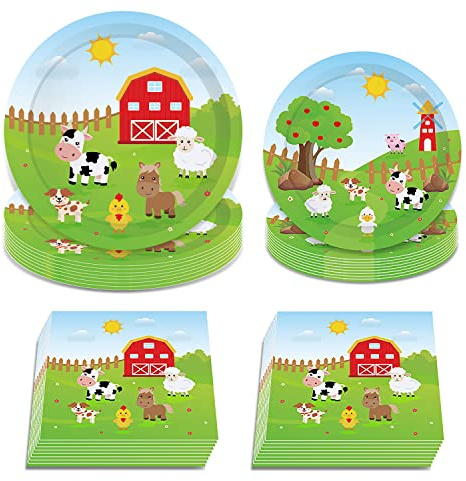 EVERMARKET 36PCS Farm Animal Decorations, Farmhouse Tableware Supplies With Plates and Napkins for Birthday Party - 8 Guests Table Decor