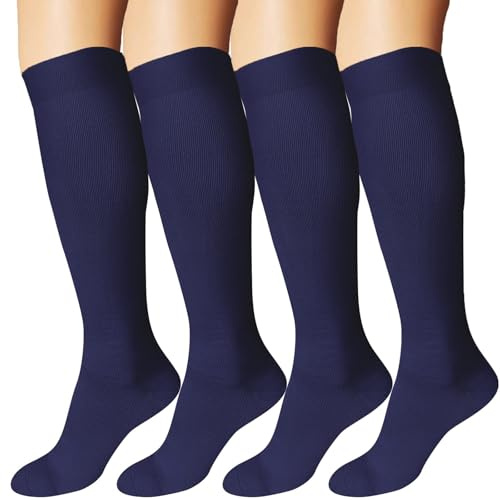 DDOBB Lot de 4 Chaussettes de Contention Femme et Homme Bas de Contention Femme Circulation Compression 20-30 mmHg Professionnelle Soutien pour L'athlétisme, la Course (Navy*4,S-M)