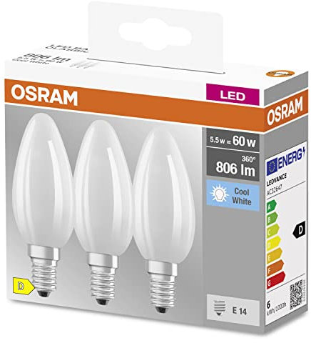 Osram Star Filament-Lampe für E14-Sockel, mattes Glas,Kaltweiß (4000K), 806 Lumen, Ersatz für herkömmliche 60W-Leuchtmittel, nicht dimmbar, 3-er Pack, White