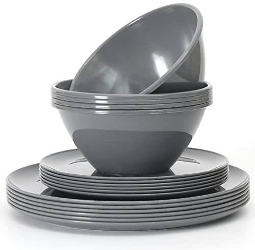 Youngever 18er Set Geschirr aus Kunststoff, Platten (20CM & 25CM), Schalen (1000ML), Dienst für 6 (Dark Grey)