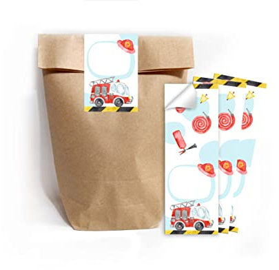 Junapack 12 Geschenktüten (Natur) + 12 Aufkleber Feuerwehr Feuerwehrauto für Mitgebsel Gastgeschenk beim Kindergeburtstag Jungen