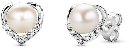 Orovi Schmuck Damen Herz- Perlen Ohrstecker mit runden weißen Süßwasser Zuchtperlen umgeben von weißen Zirkonia in Brillantschliff Zeitlose klassische Perlen Herz Ohrringe aus 925 Sterling Silber