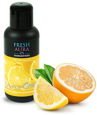 FRESH AURA Saunaaufguss – Sauna Aufgussmittel mit Citrone Orange und natürlichen ätherischen Ölen – Sehr ergiebiger und langanhaltender Saunaduft – erfrischend | Made in Germany (100ml)
