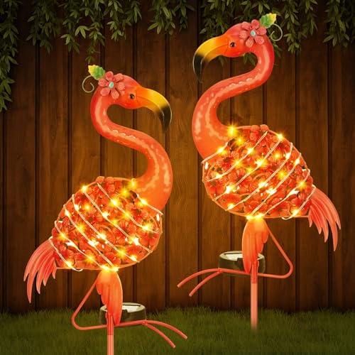 Rossesay 2 Pcs Flamingo Solar Lights Flamingo Yard Decorations Outdoor 32.48'' H Summer Waterproof LED Solar Lamp Pink Warm White Metal Garden Housewarming Gifts for Lawn Patio Pathway Landscaping