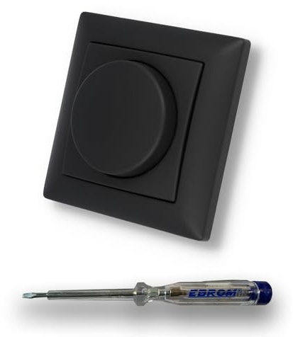 BUSCH JÄGER 6523U-102 LED-Drehdimmer LED-Dimmer mit Dimmerscheibe BBblack und Rahmen in Schwarz MATT - inkl. EBROM Phasenprüfer zur Montage des Dimmers 6523U102