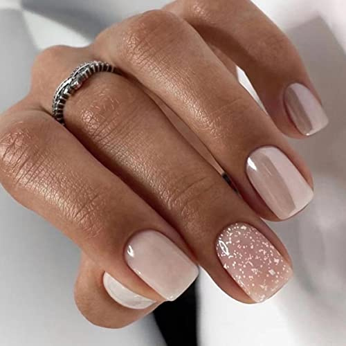 JUSTOTRY 24 Stück Weiß Eckig Nägel Zum Aufkleben Kurz Muster,French Press on Nails,Glossy Pink Kunstnägel Fake Nails für Nails Art,Square Fingernägel Künstliche Nägel für Frauen