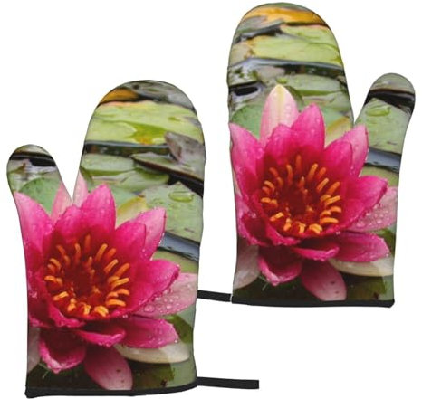 Lotus Flower Aking Handschuhe, Wärmedämmung, hitzebeständig, wasserdicht, Ofenhandschuhe, bedrucktes Muster, Polyesterhandschuhe, zweiteiliges Handschuh-Set, Bäckerspezifische Handschuhe