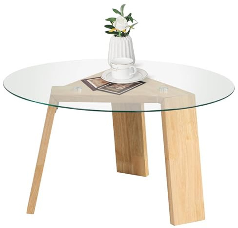 Multigot Coffee Table, Tempered Glass Cocktail Sofa Side Table with Solid Rubber Wood Legs, Accent Center Table Snack Tea Table for Living Room, Bedroom and Office (Round, Natural)