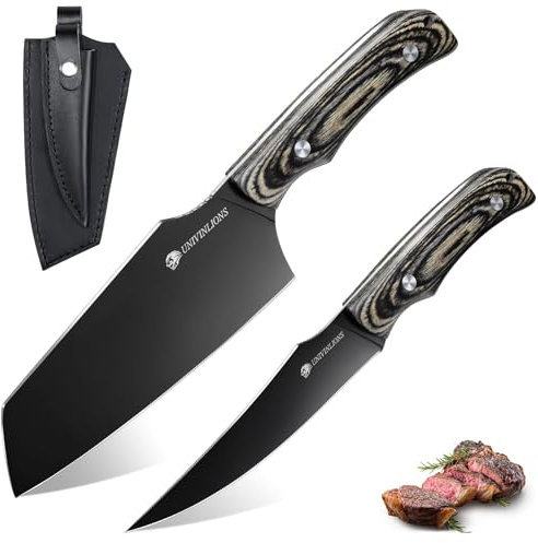 univinlions Küchenmesser Set 2-tlg Titanbeschichtet - Extrem scharfe Kochmesser für Profis & Hobbyköche, Ausbeinmesser & Hackmesser mit Lederscheide, Ideal für Küche, BBQ, Camping