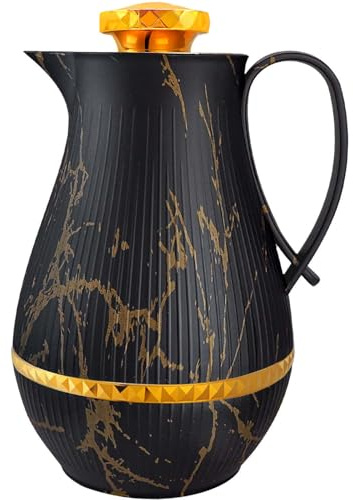 Insulated Thermal Coffee Carafe, 33 oz, Luxury Arabic-Style Insulated Carafe Flask, Coffee Tea Pot, with Spout and Glass Liner for Hot Cold Water, Housewarming Ornaments (Black and Gold)