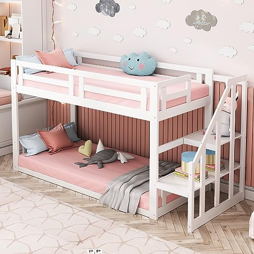 BENMWS Cama infantil, litera baja con escalera de seguridad, marco de madera maciza con somier, 90 x 200 cm (blanco)