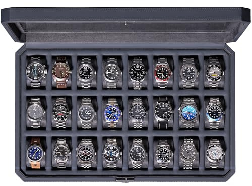 ROTHWELL 24 Slot Watch Case with Lock – Luxury Watch Box to Display and Organize Your Collection | Real Glass Top | Premium Storage for Collectors (Carbon)