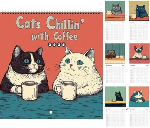 Katzenkalender 2025 – Katzen chillen mit Kaffee 2025 Kalender, lustiger süßer Cartoon-Katzen-Wandkalender, 12 Monate Katzen-Kunst-Wandkalender, Tierkalender, Familienplaner-Kalender