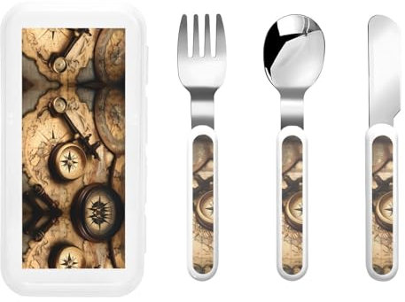 Tenedor reutilizable con brújula y mapa del mundo antiguo, cuchillo de cuchara con estuche de almacenamiento, apto para lavavajillas para el almuerzo escolar, viajes