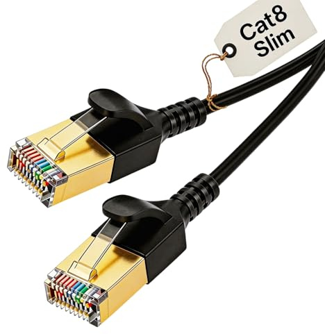 Elfcam® - 5m Slim Cavo Ethernet Cat 8 sottile, cavo LAN WAN, Cat 8 SFTP 32AWG, 2000Mhz 40Gbps con Connettori RJ45 di alta qualità, nero rotondo (5M)
