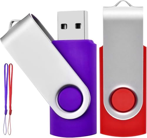 TEWENE Lot de 2 Clé USB 32 Go USB 2.0 Flash Drive Pivotantes, Rouge/Violet | Comprend une lanière, un design de coque rotatif, facile à transporter et largement compatible