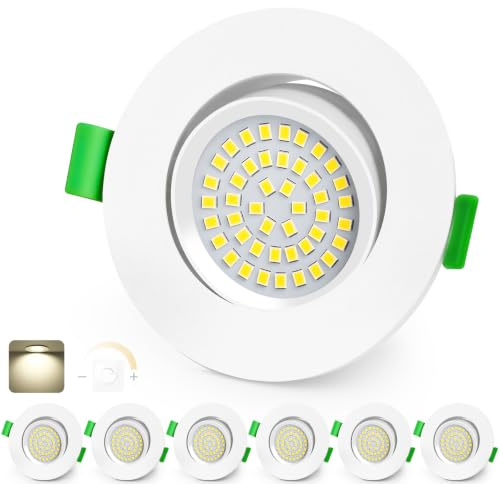 KYOTECH LED Einbaustrahler 230V Dimmbar 68-80mm Ultra Flach LED Spots 5W IP44 Bad Einbauleuchten Deckenspots Naturweiß 4000K 45° Schwenkbar Einbauspots für Badezimmer Wohnzimmer, Weiß 6er Set