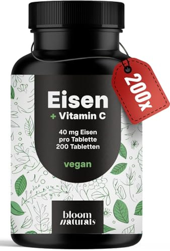 Eisen hochdosiert – 200 Tabletten – 40 mg pro Tablette | Mit 40 mg Vitamin C – vegan, produziert in Deutschland, laborgeprüft