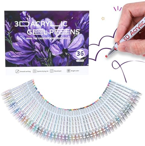 Lápices acrílicos de 36 colores, bolígrafos de gel 3D de 1,0 mm, tinta rápida, escritura suave, bolígrafo de gel acrílico para pintura de roca, vidrio, papel, huevo, lienzo, cerámica, tela,