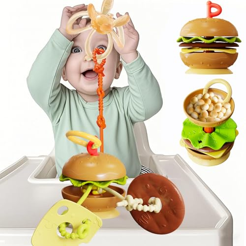 Purphy Hamburguesa Juguete Bebe 6 Meses | Juguete Ventosa Trona | Mordedor + Tazones para Bebé + Correas de Juguete para Bebé | Juguetes Sensorial Montessori con Ventosa | Regalo Ideal para Bebés