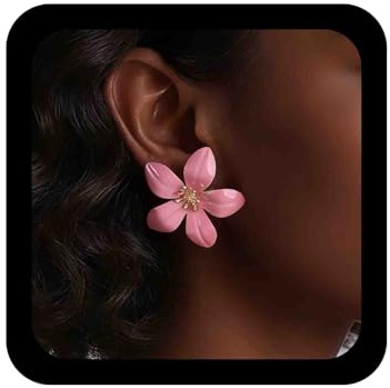 Cybche Boho Pink Large Flower Earrings Enamel Floral Petal Statement Earrings Metal Cute Cherry Blossom Daisy Stud Earring Jewelry for Women