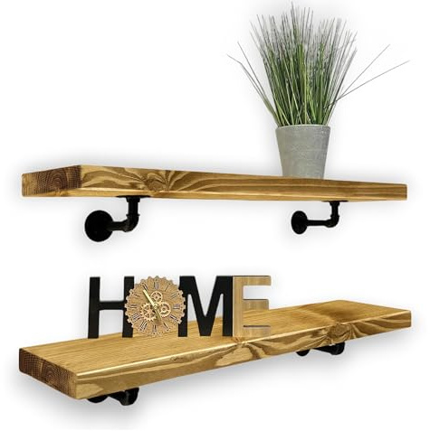 MKGT Rustic Shelves with Pipe Brackets Handcrafted Wall-Mounted, Handmade Scaffold Board Decorative Kitchen Room (Dark Oak, 70 cm)
