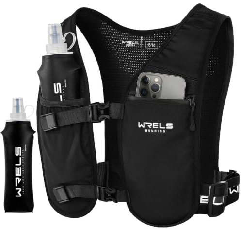 WRELS Ultraleichte Laufweste mit 500ml Soft Flask Trinksystem Damen Herren | Anti-Bounce-Design Verstellbare Reflektierende Leicht Trinkweste Laufrucksack Trinkrucksack für Joggen,Trailrunning,Marathon