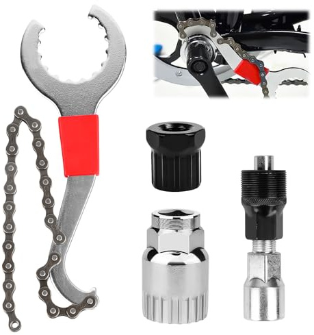 Hohe Festigkeit 4 Pcs Fahrrad Kassette Werkzeug Set with 3-in-1 Cassette Remover Wrench - Kettenpeitsche Tool, Kurbelabzieher, Freilauf Entferner, Innenlager-Entferner, Tretlager Werkzeug