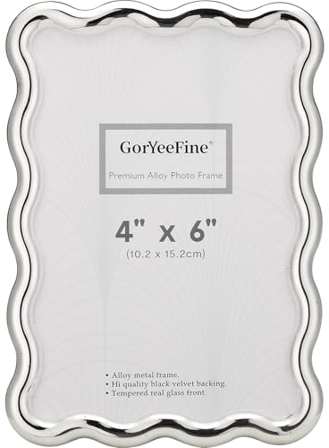 GorYeeFine 4x6'' Silver Heavy Duty Photo Frame,Wave Design High-End Zinc Alloy Picture Frames 6x4'',Fashionable Style frame with Velvet Back for Desktop and Wall Hanging.