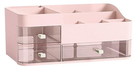 Lacusmall Makeup Kosmetik Organizer mit Schubladen, Plastic Kosmetik Aufbewahrungsbox Waschtische, Schlafzimmer und Badezimmer, Kosmetik Box für Lippenstift & Beauty Zubehör, Rosa