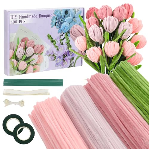 Tulip Bouquet Pfeifenreiniger Set, 400 Stück Pfeifenputzer | 4 Farben Pipe Cleaner mit 20 Stück Grünem Bastelfaden, Geschenkband, Klebeband und Dekorieren, DIY Gesch