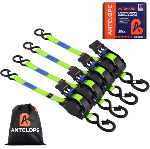 A ANTELOPE Automatik Spanngurt, Automatischer Spanngurtaufroller, 4 Stück | 3,6 m x 25mm, BS 680KG, Selbstaufzug zurrgurte, Einziehbare Spanngurte mit Ratsche und S Haken für Motorrad, Kajak, LKW, Grün