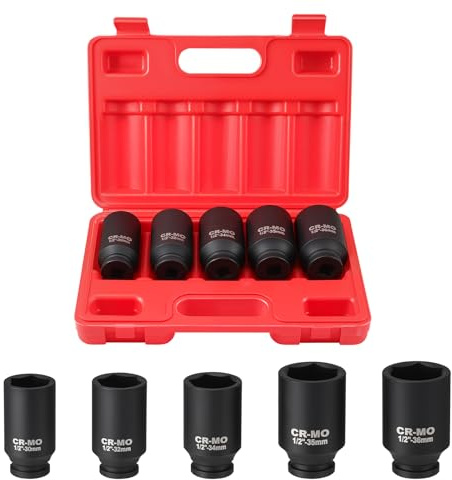 Faankiton 5PCS Coffret de Douilles a Chocs 1/2 Jeu de Douille à Choc, 30/32/34/35/36mm Écrou à Impact, CR-MO 6 Pans Jeu d'Écrous pour Clés à Choc, 78MM de Profondeur pour Retirer Écrous et Boulons